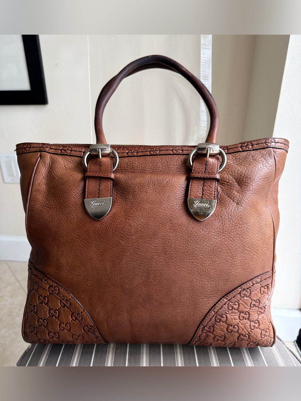 Gucci Leather Cognac Brown GG Signature Signoria Large Tote - Picture 2 of 16